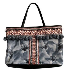 Rebecca Minkoff leather/canvas Dreamy tote w/stones, mirrors, Pom Poms